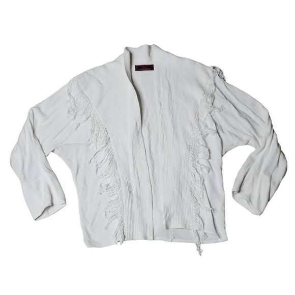 Tienda Ho gauzy white tassel fringe western flowy textured cardigan top - Picture 1 of 4
